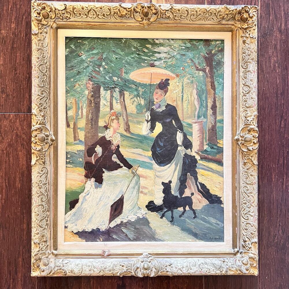 August Weiss Oil Painting Impressionist-style Elegant Park Two Women & Poodle